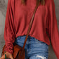 Red Solid Color Patchwork Long Sleeve Top