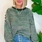 Green Stripe Loose Drop Shoulder Long Sleeve Top