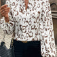 Khaki Leopard Print Split Neck Balloon Sleeve Blouse