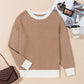 Coffee Contrast Edge Crew Neck Drop Shoulder Sweater