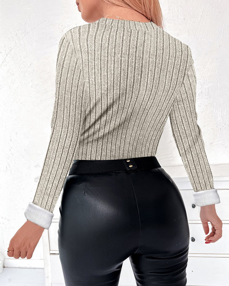 Asymmetrical Neck Long Sleeve Fleece Lined Ribbed Top Button Front Slim Fit Tee