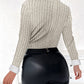 Asymmetrical Neck Long Sleeve Fleece Lined Ribbed Top Button Front Slim Fit Tee