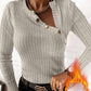 Asymmetrical Neck Long Sleeve Fleece Lined Ribbed Top Button Front Slim Fit Tee