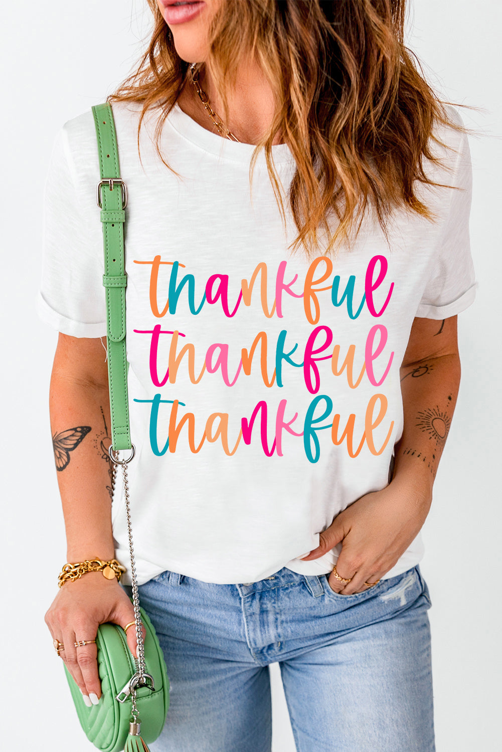 White Thankful Printed Crewneck Thanksgiving T Shirt