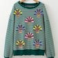 Green Stripe Turkey Pattern Drop Shoulder Pullover Top