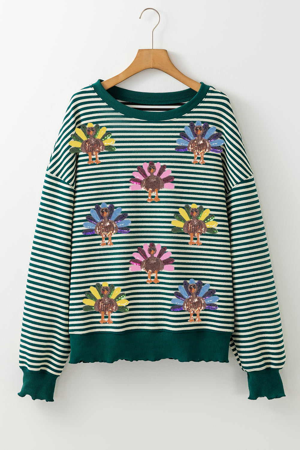 Green Stripe Turkey Pattern Drop Shoulder Pullover Top