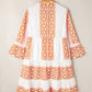 Orange Geometric Print Ruffle Tiered Button V Neck Dress