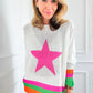 White Star Pattern Colorblock Striped Edge Drop Shoulder Sweater