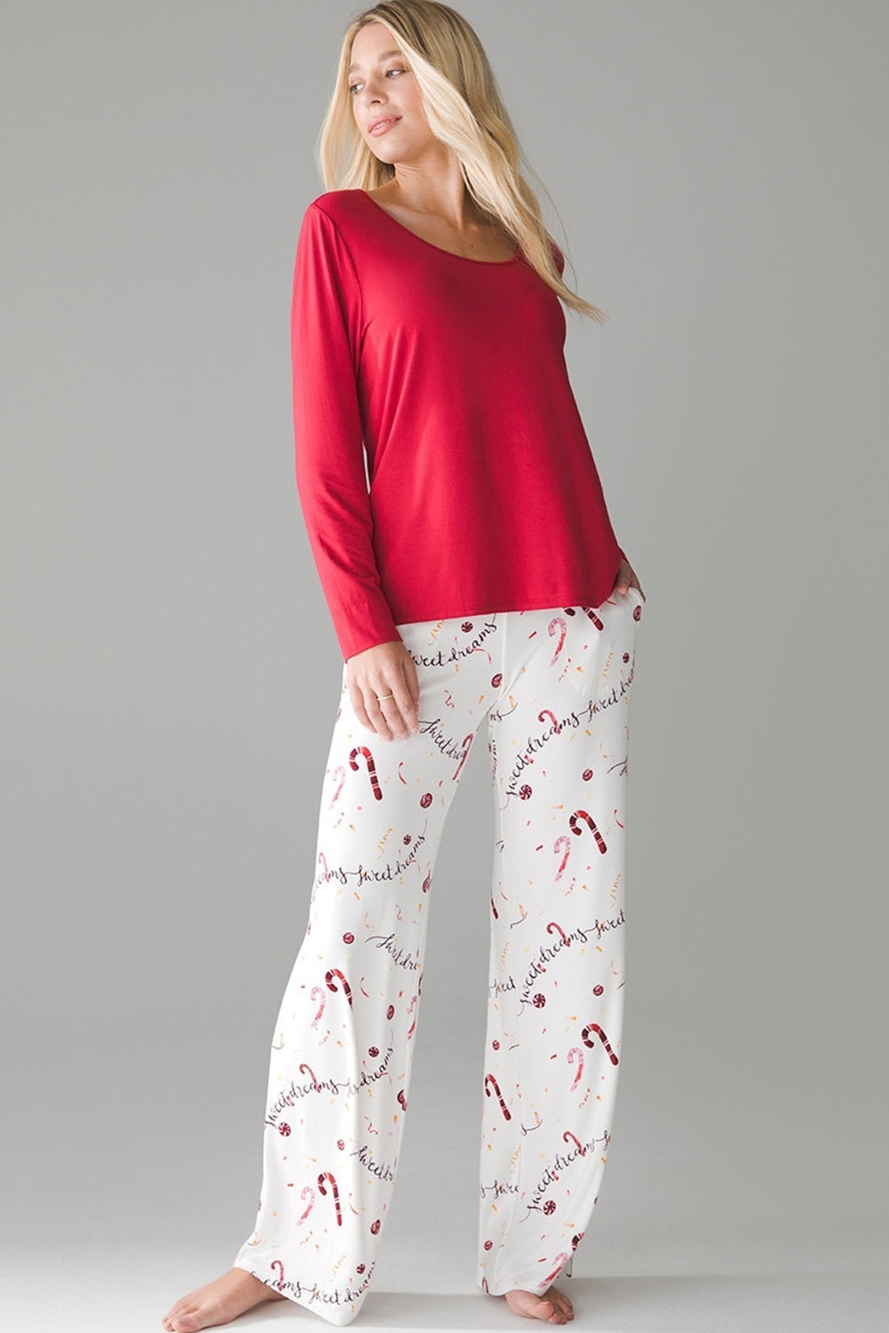 Red Solid Top and Christmas Pants Two Piece Lounge Set