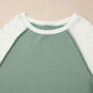 Mint Green Ribbed Colorblock Patchwork Raglan Long Sleeve Top