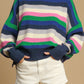 Bright Green Rainbow Striped Crew Neck Drop Shoulder Sweater