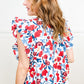 Red Flowers Pintuck Detail V-Neck Ruffled Sleeve Top