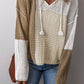 Brown Colorblock Hollow-out Front Tie V Neck Lightweight Sweater