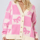 Pink Bowknot Checkered Pattern V Neck Drop Shoulder Button Up Cardigan