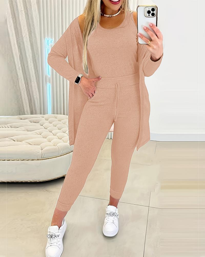 3PCS Round Neck Tank Top & Drawstring Pants Set With Coat