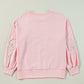 Light Pink Bow Thread Embroidery Ribbed Edge Sweatshirt