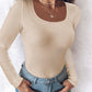 U Neck Built in Bra Long Sleeve Ribbed Top