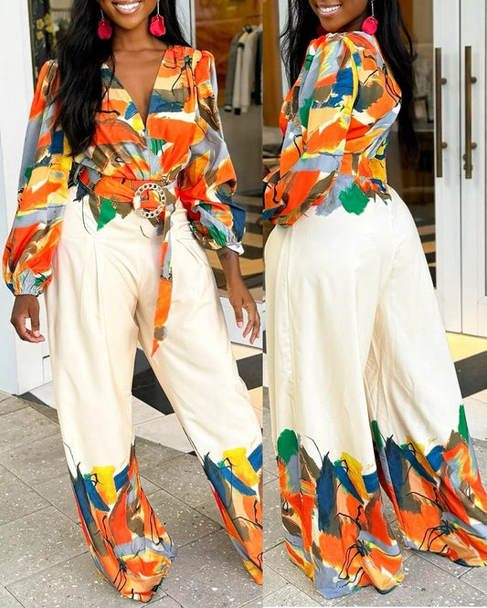 Colorblock V Neck Wide Leg Jumpsuit With Belt