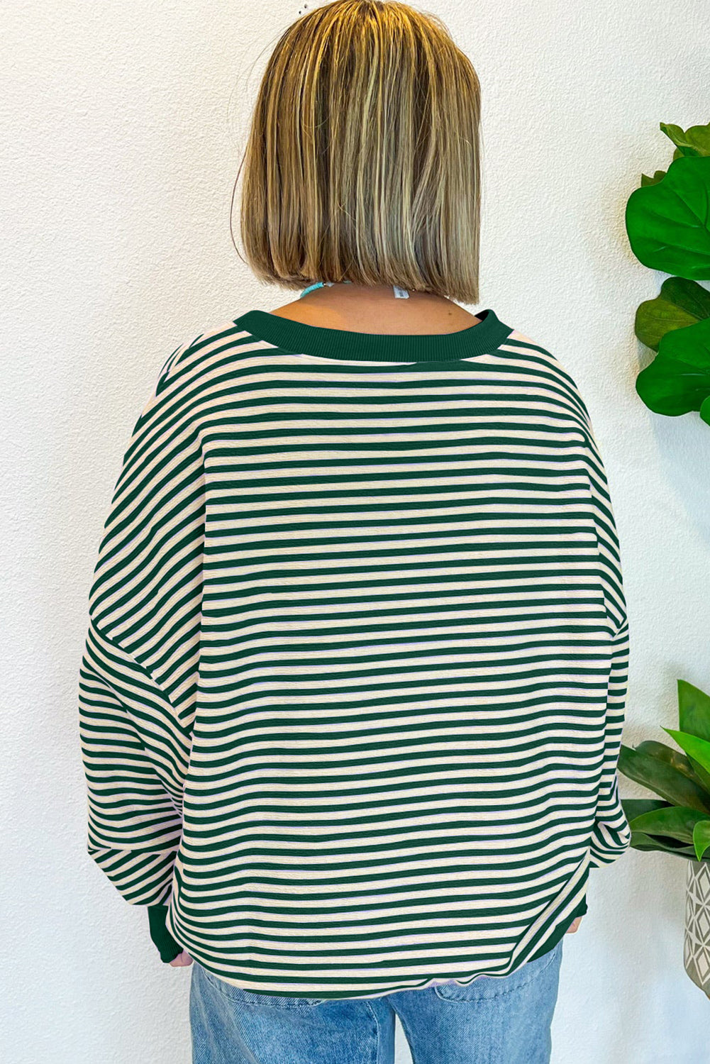 Green Stripe Loose Drop Shoulder Long Sleeve Top