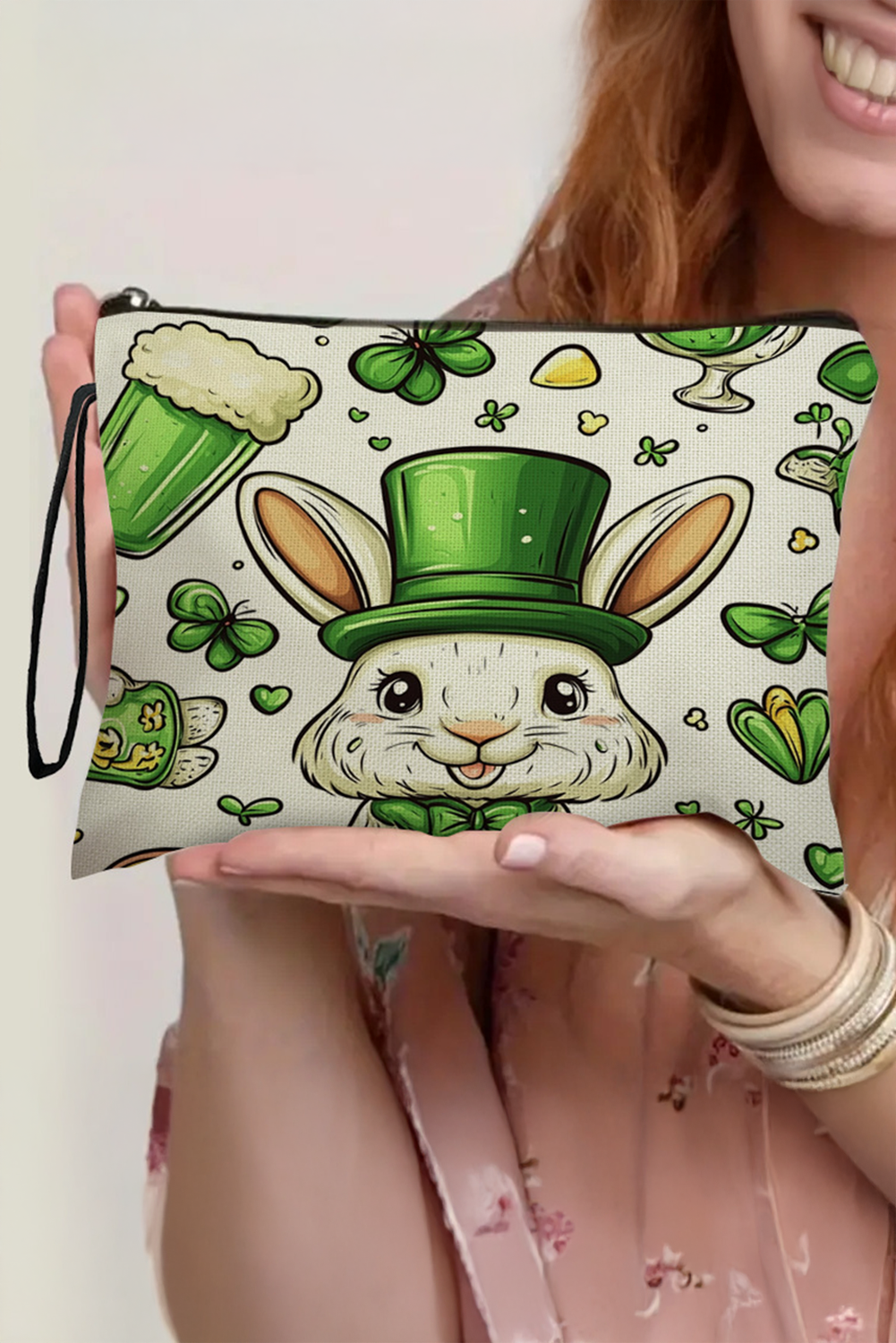 Green St Patricks Pattern Print Zipper Wristlet Canvas Makeup Bag