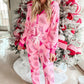 Pink Christmas Tree Print V Neck Buttoned Pullover and Drawstring Pants Lounge Set