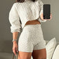 2 Piece Crewneck Long Sleeve Cable Knit Crop Sweater High Waist Shorts Tracksuits Outfits