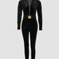 Velvet Zipper Design Ruched Long Sleeve Jumpsuit With Elastic Waistbelt