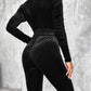 Velvet Zipper Design Ruched Long Sleeve Jumpsuit With Elastic Waistbelt