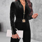 Velvet Zipper Design Ruched Long Sleeve Jumpsuit With Elastic Waistbelt