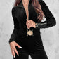 Velvet Zipper Design Ruched Long Sleeve Jumpsuit With Elastic Waistbelt