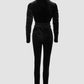 Velvet Zipper Design Ruched Long Sleeve Jumpsuit With Elastic Waistbelt