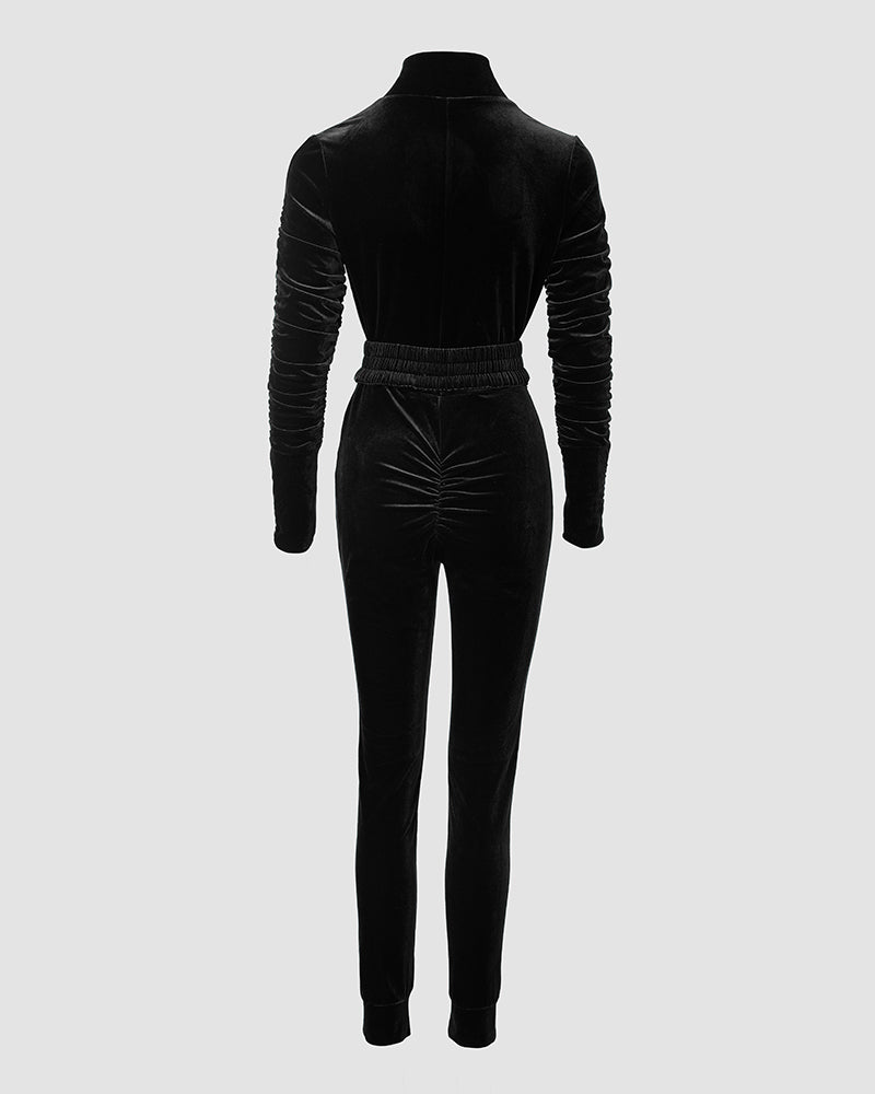 Velvet Zipper Design Ruched Long Sleeve Jumpsuit With Elastic Waistbelt