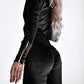 Velvet Zipper Design Ruched Long Sleeve Jumpsuit With Elastic Waistbelt