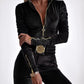 Velvet Zipper Design Ruched Long Sleeve Jumpsuit With Elastic Waistbelt