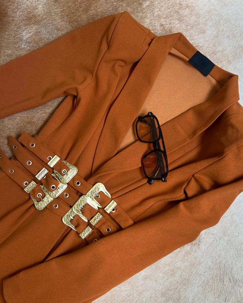 Shawl Collar Long Sleeve Metal Buckle Waist Cinch Blazer Work Coat