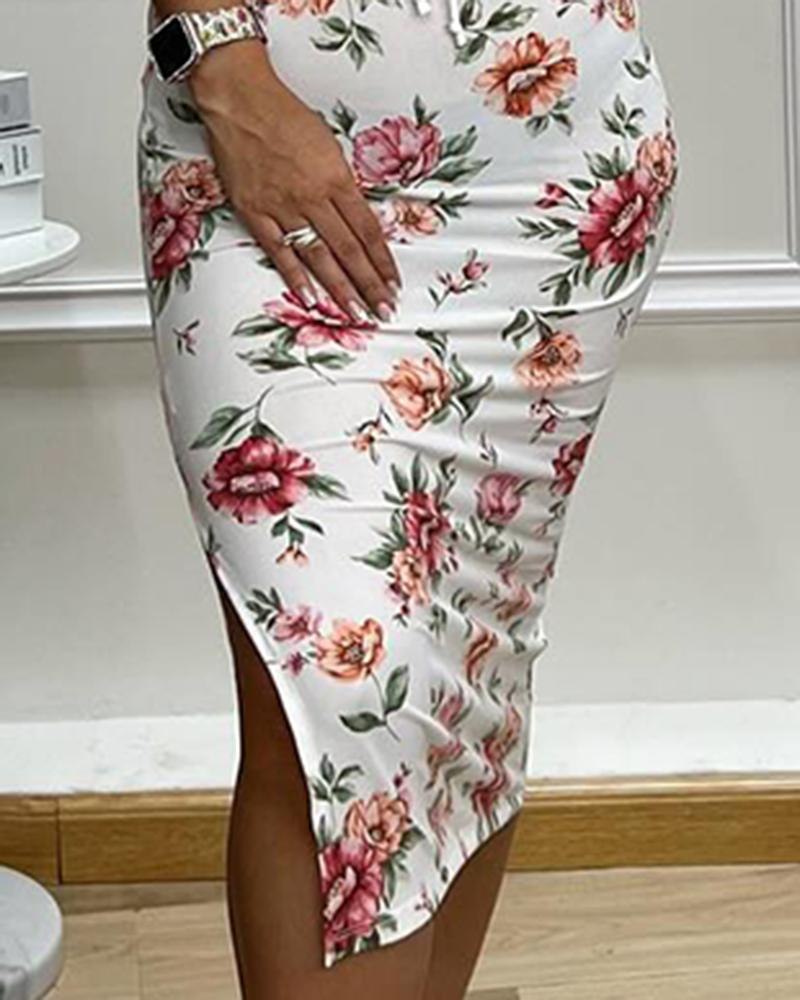 Floral Print Tied Detail Slit Dress