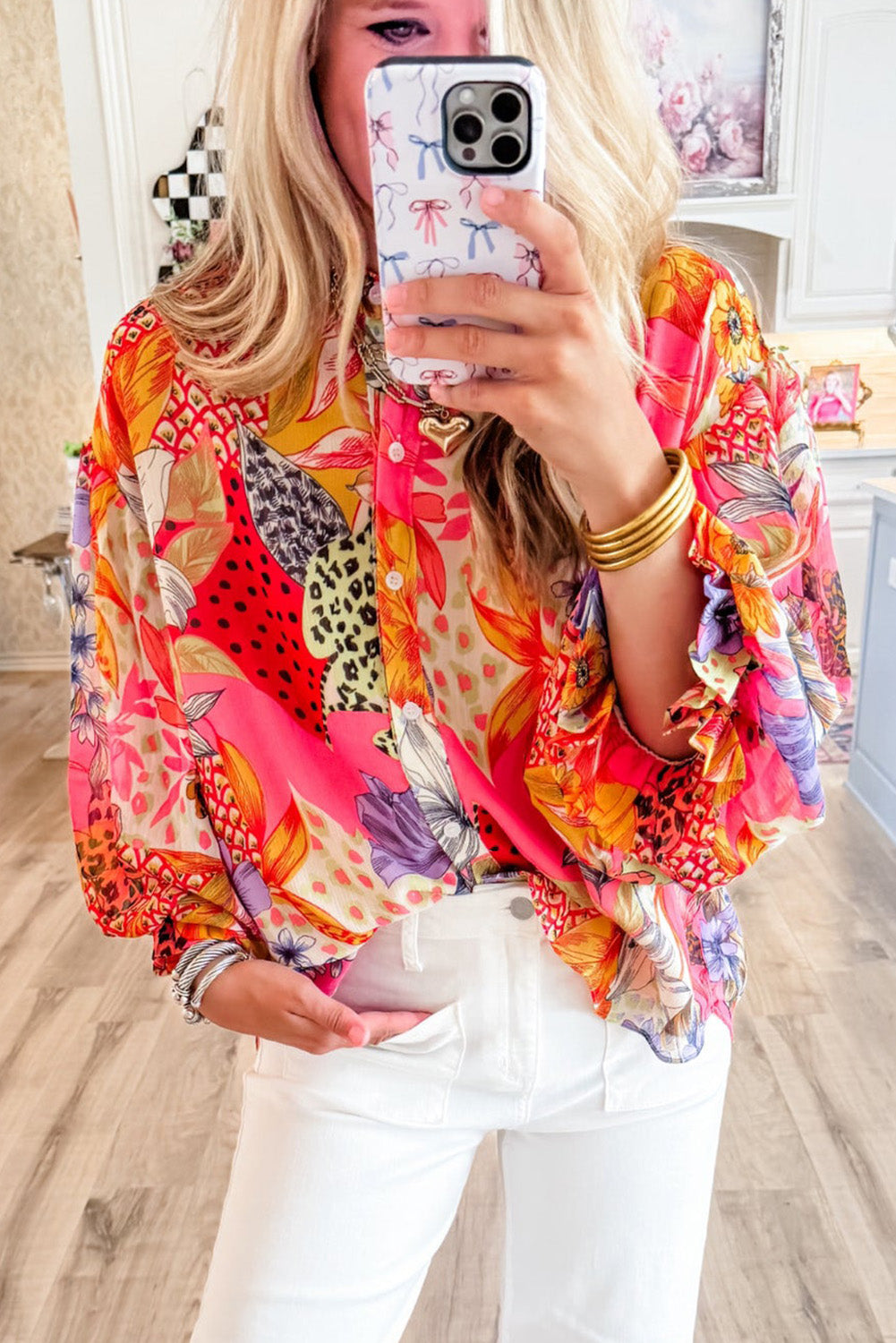 Red Abstract Floral Print Buttoned Ruffled Bubble Sleeve Shirt