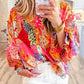 Red Abstract Floral Print Buttoned Ruffled Bubble Sleeve Shirt