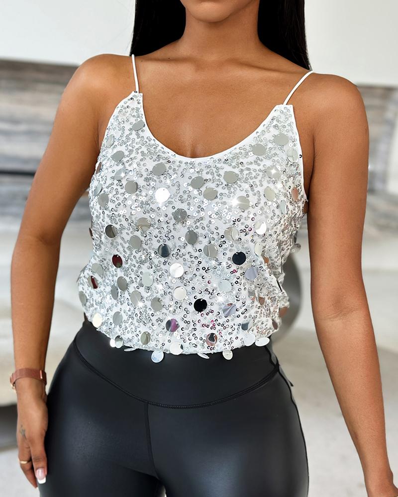 V Neck Spaghetti Strap Allover Sequin Tank Causal Top