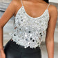 V Neck Spaghetti Strap Allover Sequin Tank Causal Top