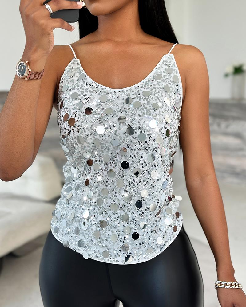 V Neck Spaghetti Strap Allover Sequin Tank Causal Top