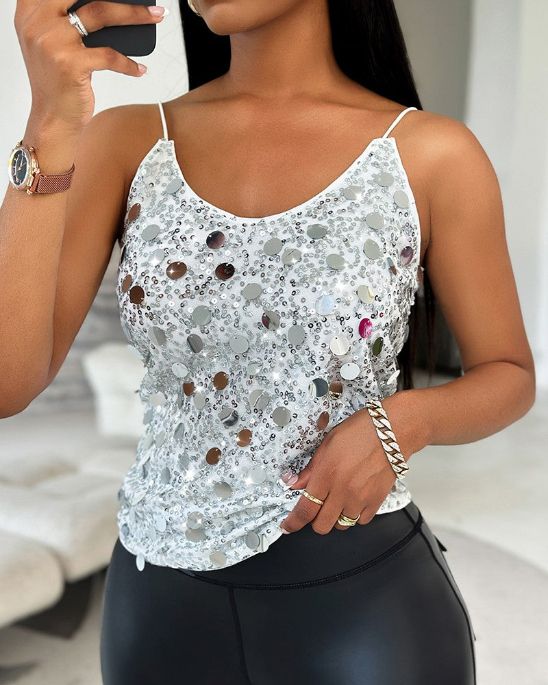 V Neck Spaghetti Strap Allover Sequin Tank Causal Top