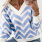 Sky Blue Zigzag Striped Print V Neck Oversized Top