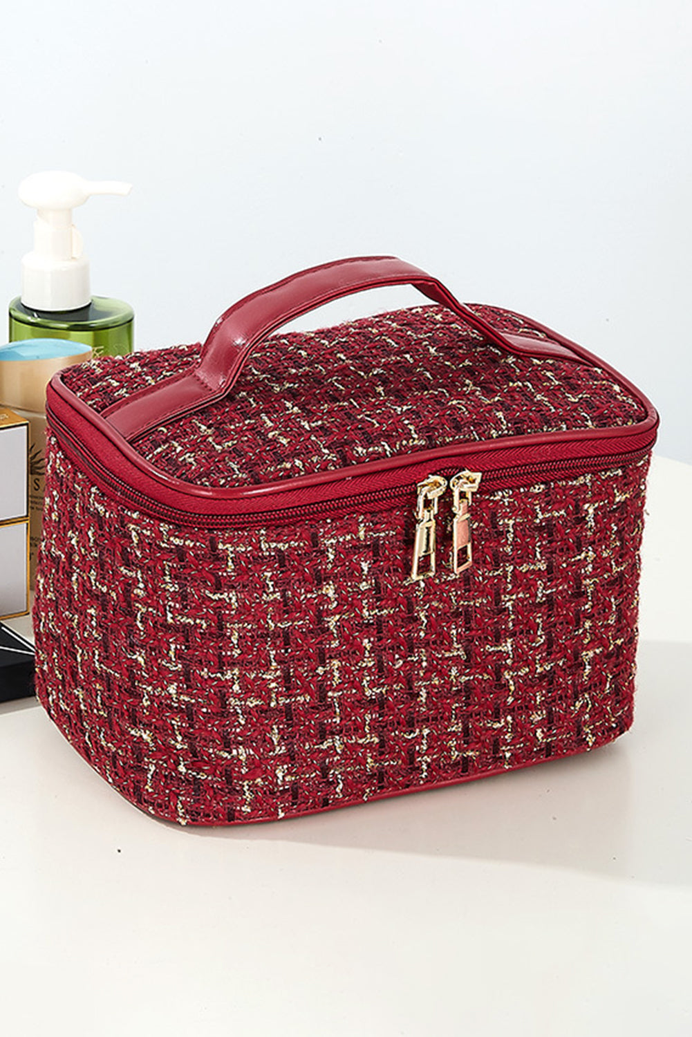 Fiery Red Plaid Zipper Large Cosmetic Bag with Handle