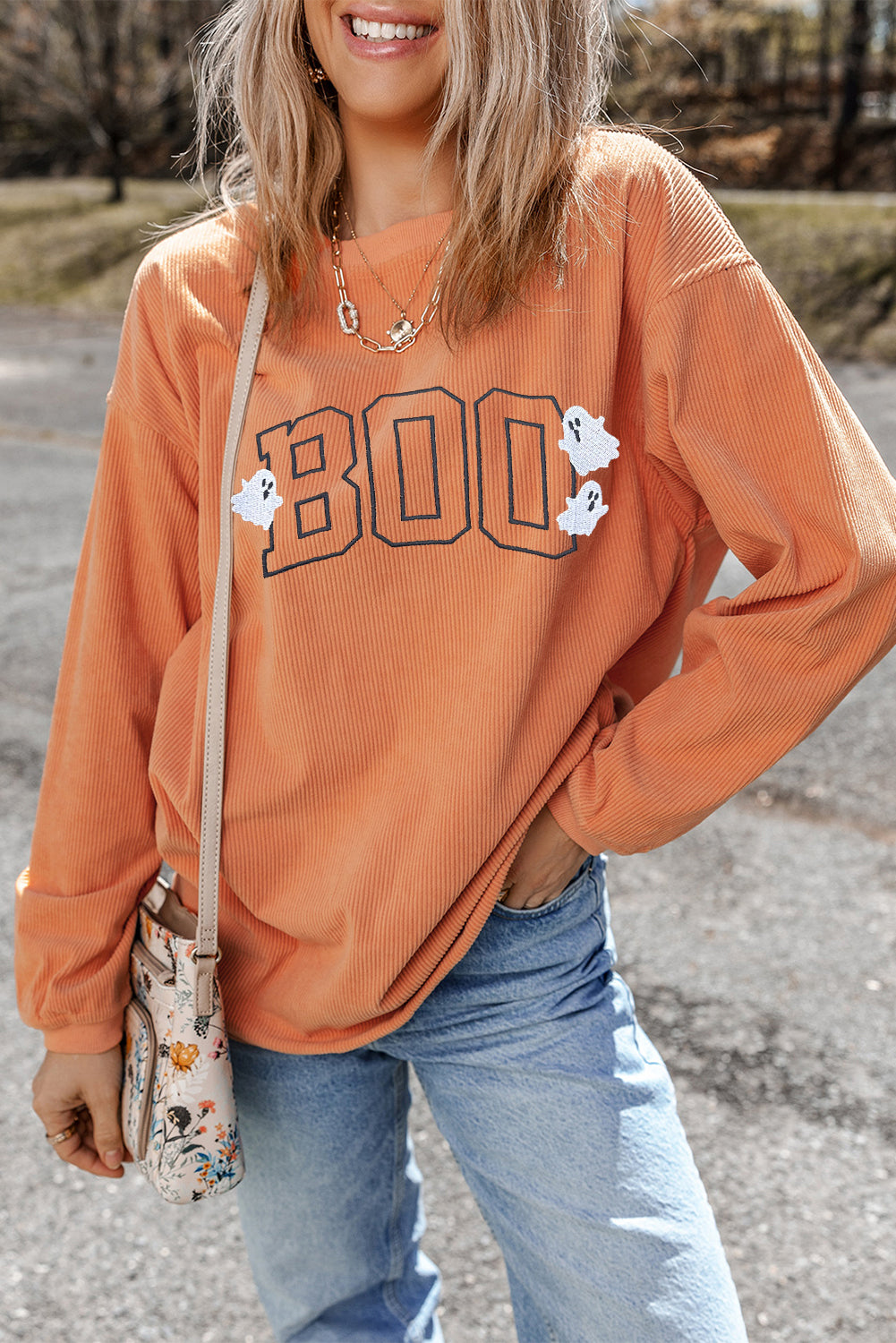 Orange Embroidered BOO Ghost Corded Halloween Sweatshirt