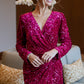 Pitaya Pink Velvet Sequin Long Sleeve V Neck Wrapped Mini Dress