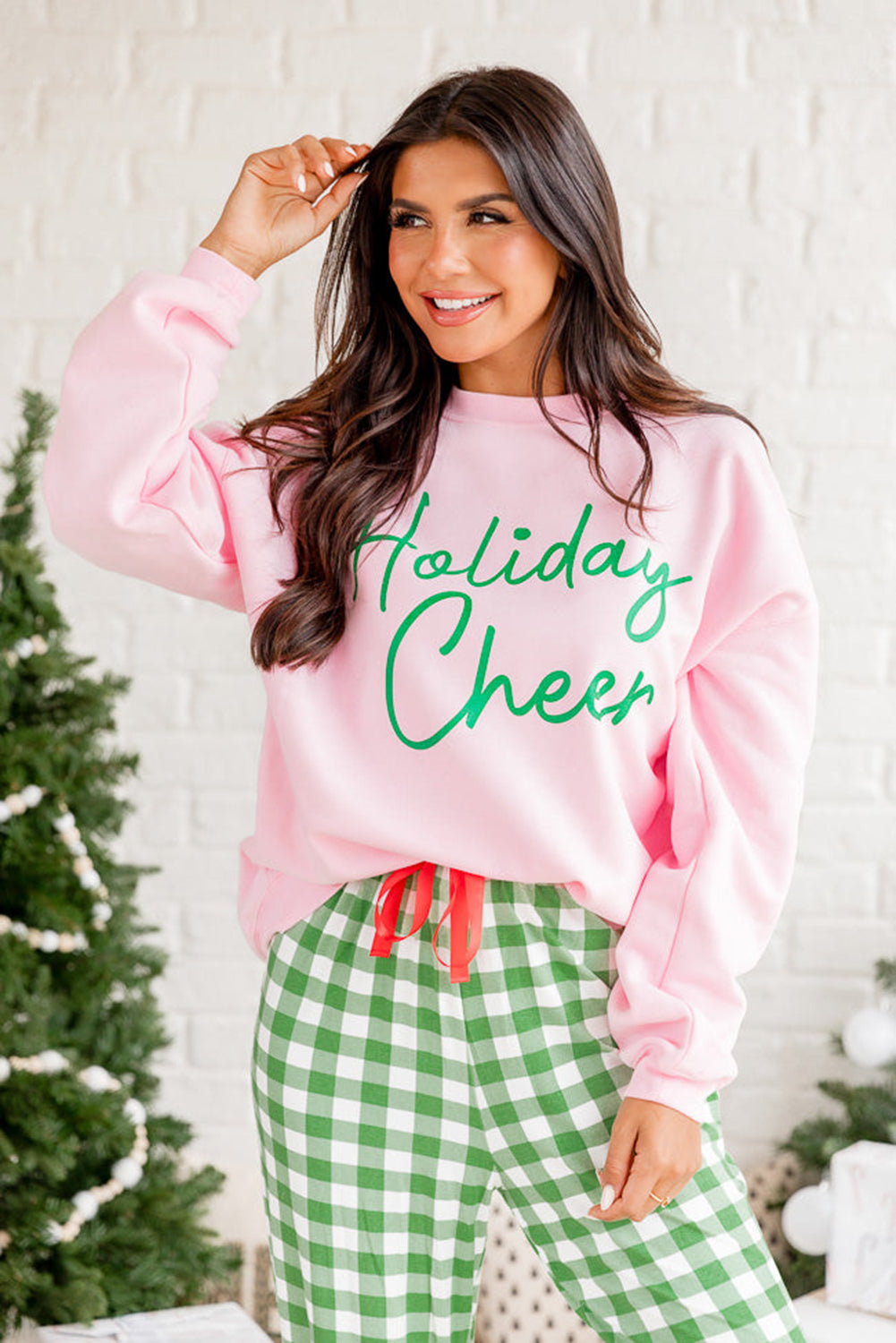 Pink Holiday Cheer Letter Graphic Christmas Slogan Sweatshirt