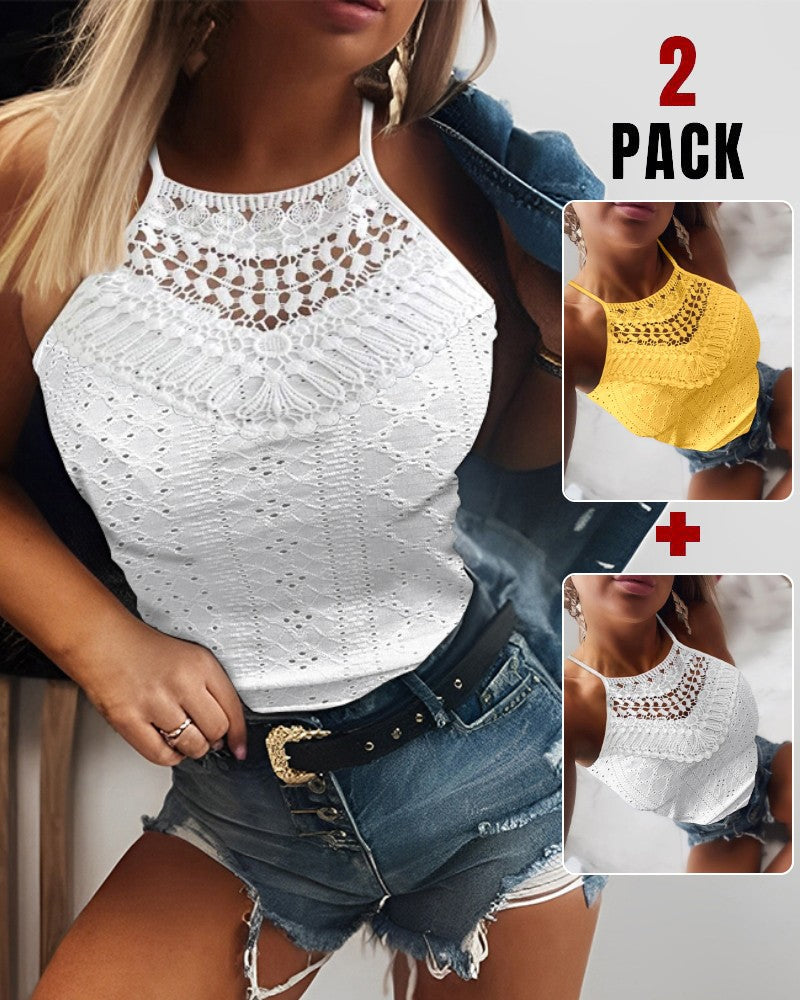 2 Pieces Halter Lace Up Water Soluble Lace Trim Sleeveless Tank Jacquard Casual Slim Fit Knit Top