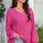 Bright Pink Waffle V Neck Long Sleeve Drop Shoulder Loose Blouse