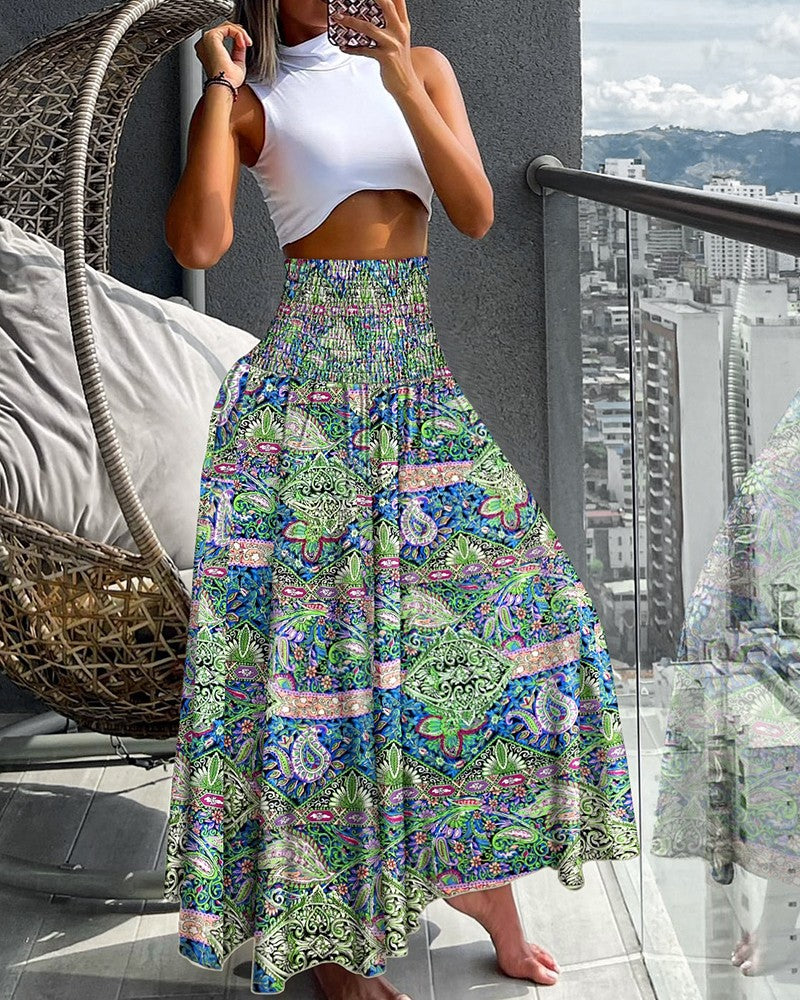 Floral Print High Waist Shirred Wide Leg Pants